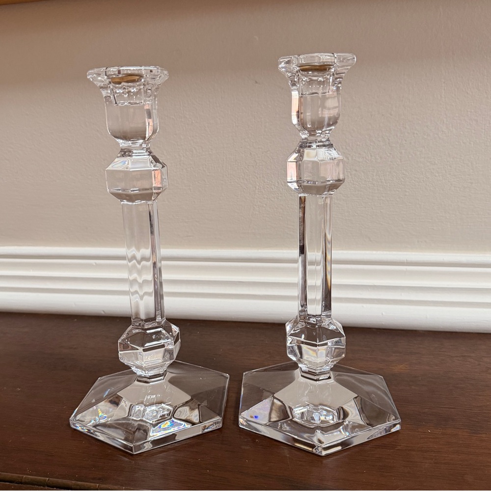 Val St. Lambert Heavy Crystal Gardenia Candlesticks 9 3/8”